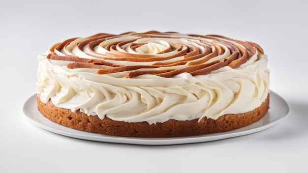 Foto pastel de canela giratorio con glaseado de queso crema aislado sobre un fondo blanco