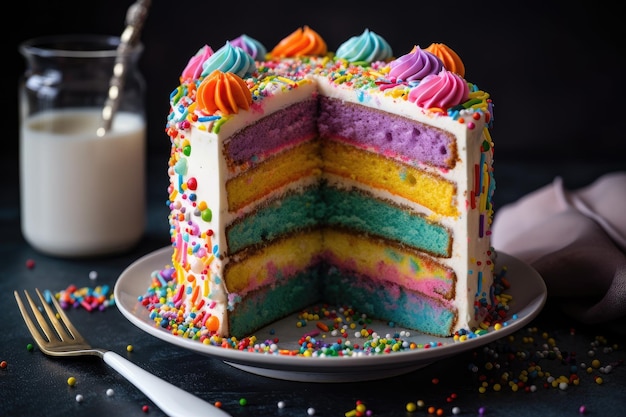 Un pastel con capas de arcoíris con glaseado de colores brillantes y chispas creado con inteligencia artificial generativa