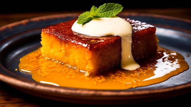 pastel de caramelo dulce en un plato con menta