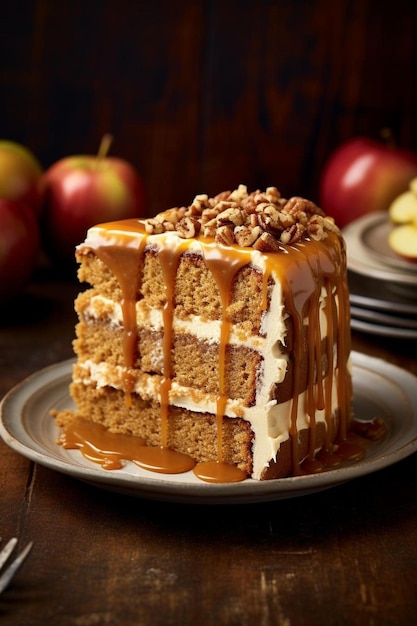 un pastel con caramelo encima está en un plato con manzanas y manzanas.