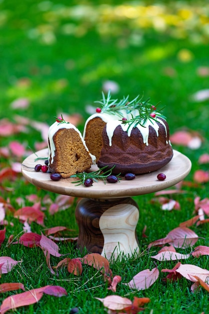 Pastel de caramelo navideño, en corte, decorado con chocolate blanco, arándanos y romero sobre un soporte de madera entre hojas de otoño. Productos horneados festivos. Enfoque selectivo suave. Vertical