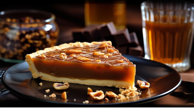 Pastel de caramelo con nueces sobre fondo de madera