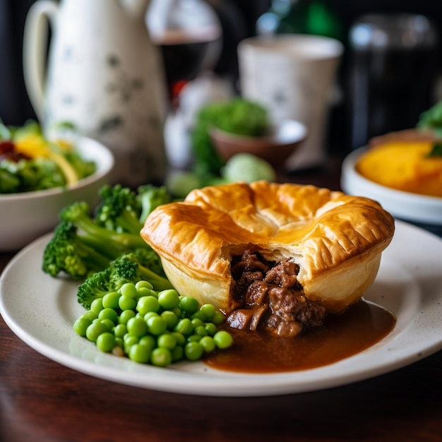 Pastel de carne australiano con puré de guisantes y café en una cafetería acogedora