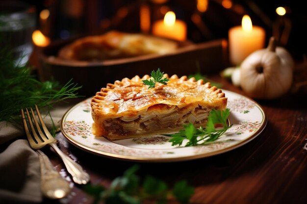 Pastel de carne fresca servido en una mesa de madera