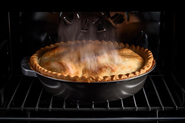 Foto pastel de carne en el horno con vapor saliendo de la masa creada con ai generativo