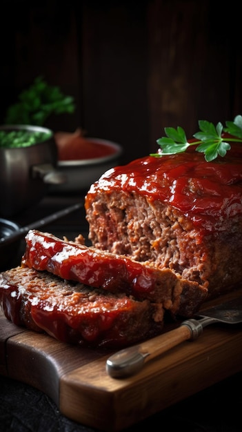 Un pastel de carne con ketchup en una tabla de cortar IA generativa