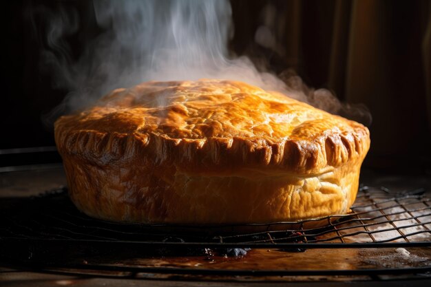 Un pastel de carne sobre una corteza escamosa dorada con vapor saliendo de su relleno creado con ai generativo