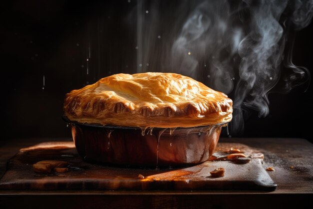 Un pastel de carne sobre una corteza escamosa dorada con vapor saliendo de su relleno creado con ai generativo