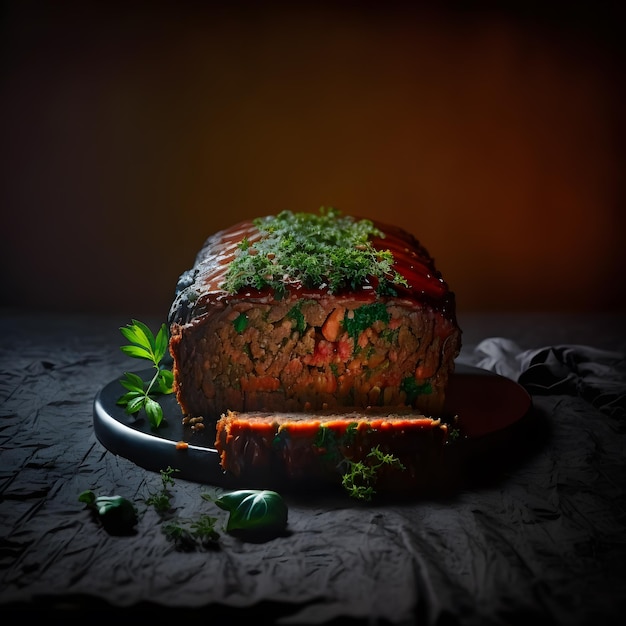 Pastel de carne sobre fotografía de comida de fondo negro