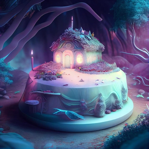 Un pastel con una casa y un árbol al fondo.