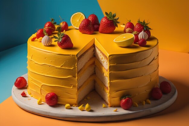 Pastel casero con fresas y rebanadas de limón en un fondo azul y naranja