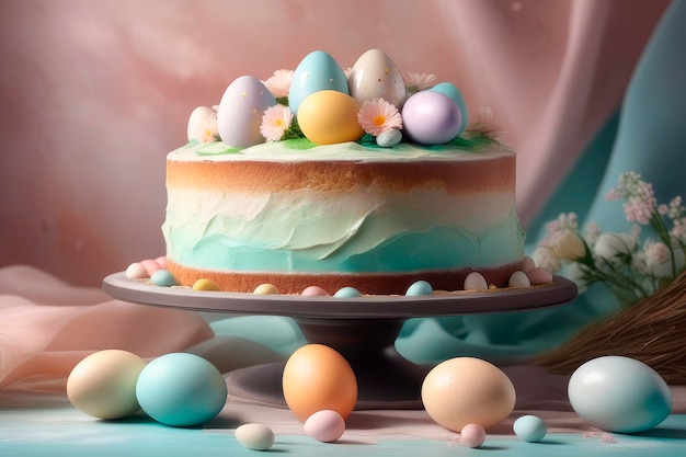 Pastel casero con glaseado y huevos de azúcar de colores para Pascua