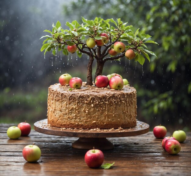 Pastel casero con manzanas en una mesa de madera bajo la lluvia