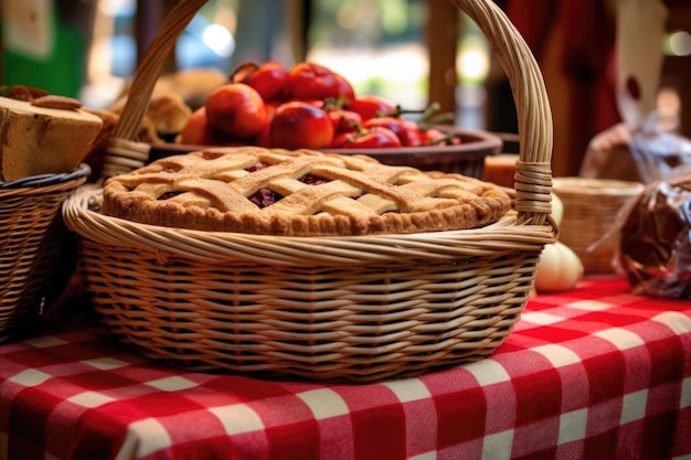 Pastel de cereza en una canasta de picnic en un mercado al aire libre creado con IA generativa