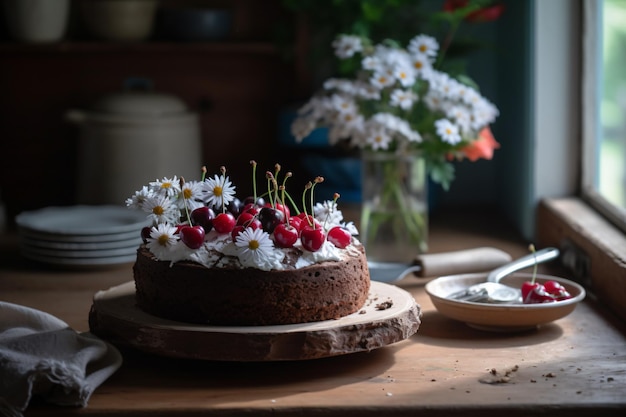 Un pastel con cerezas encima y un plato de flores al fondo.