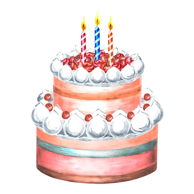 Pastel con cerezas de merengue y tres velas ilustraciones en acuarela para el diseño del menú y el embalaje