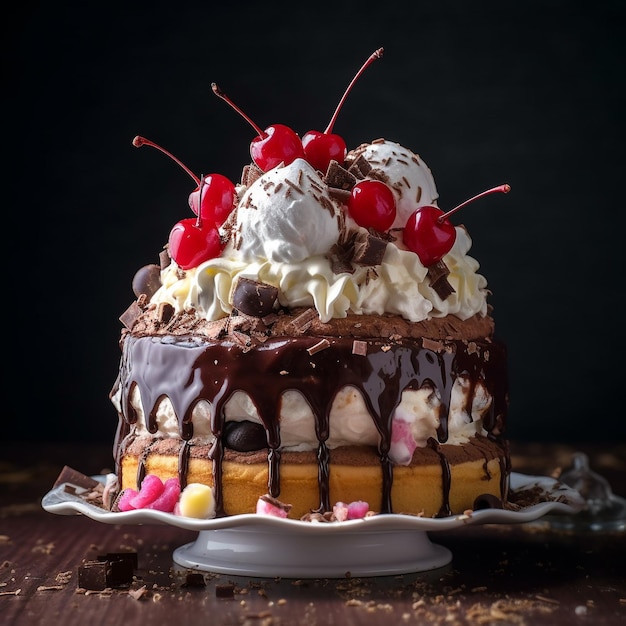 Un pastel con cerezas se sienta sobre una mesa.