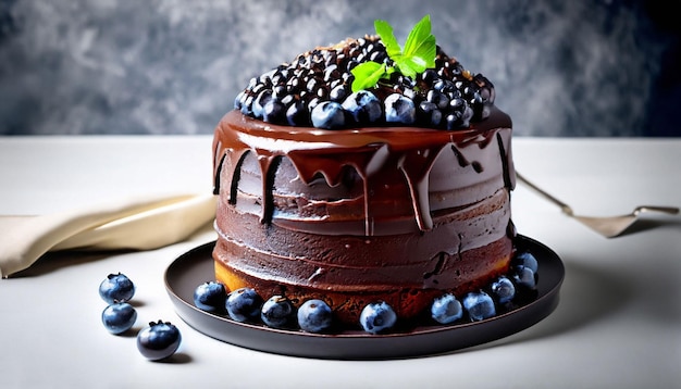 Un pastel de chocolate con arándanos encima