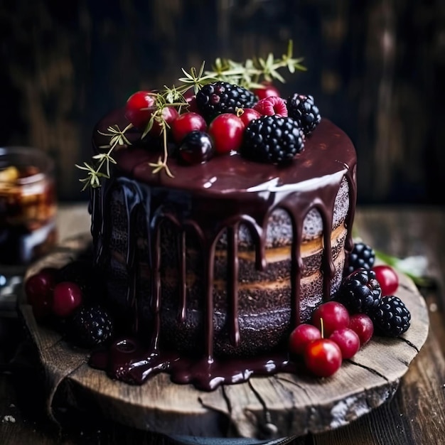 Pastel de chocolate con bayas en un enfoque selectivo de fondo oscuro