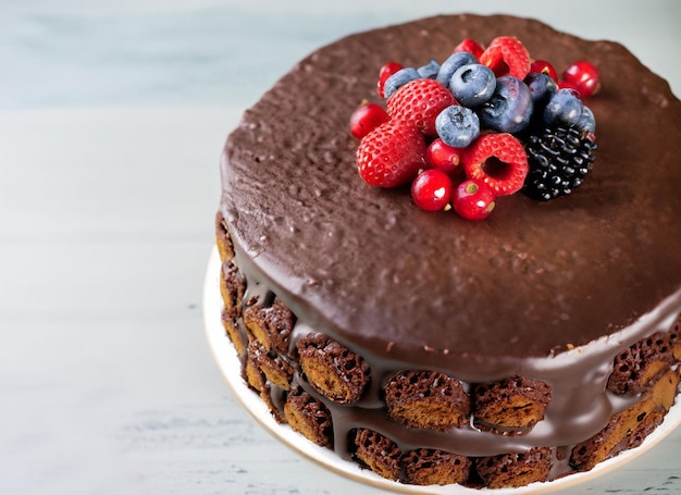 Pastel de chocolate con bayas y espacio para copiar