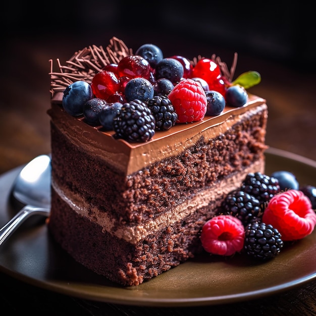 un pastel de chocolate con bayas y frambuesas