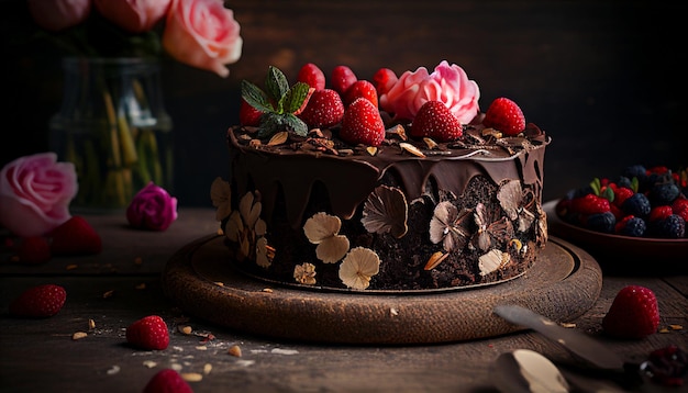 Pastel de chocolate con bayas, fresas y cerezas encima Pastel generativo de IA sobre un fondo marrón oscuro