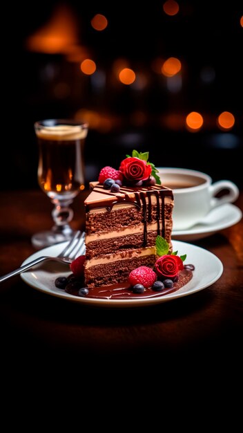 Pastel de chocolate con bayas frescas y una taza de café en una mesa de madera Concepto de pastel Concepto de comida