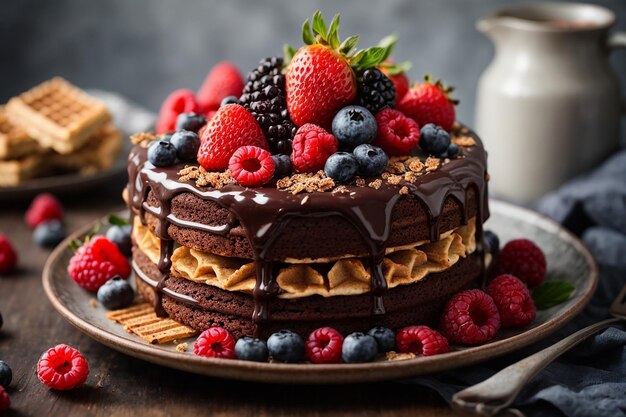 Pastel de chocolate con bayas y gofres crujientes