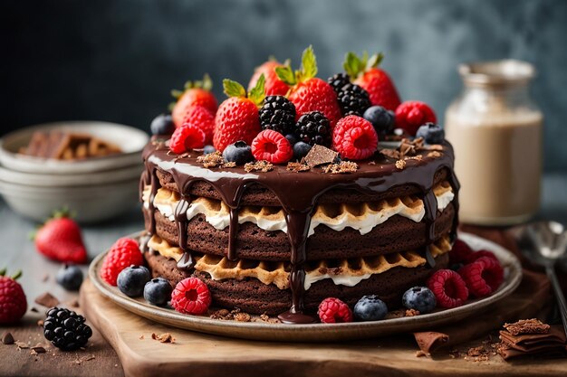 Pastel de chocolate con bayas y gofres crujientes