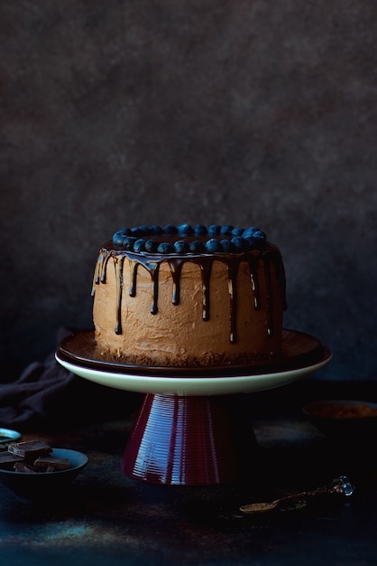 Pastel de chocolate casero decorado con frutas del bosque