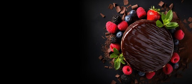 Un pastel de chocolate casero con ganache de chocolate negro se muestra sobre un fondo oscuro en la parte superior