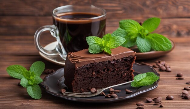 Pastel de chocolate casero con menta y una taza de café negro en una mesa marrón