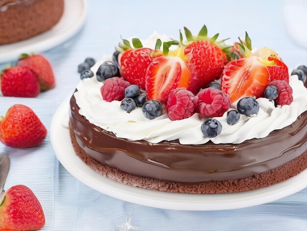 Pastel de chocolate casero recién horneado con crema batida y decoración de frutas