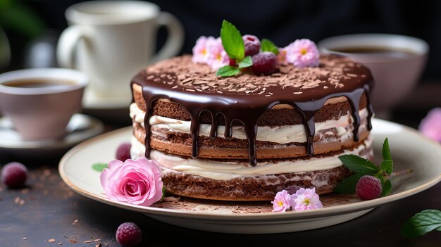 Pastel de chocolate de cerca en blanco