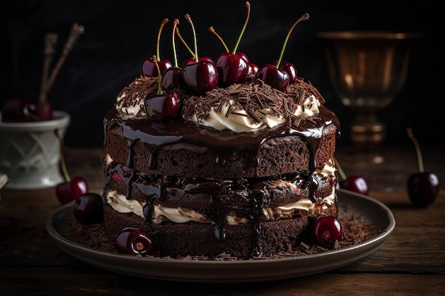 Un pastel de chocolate con cerezas encima