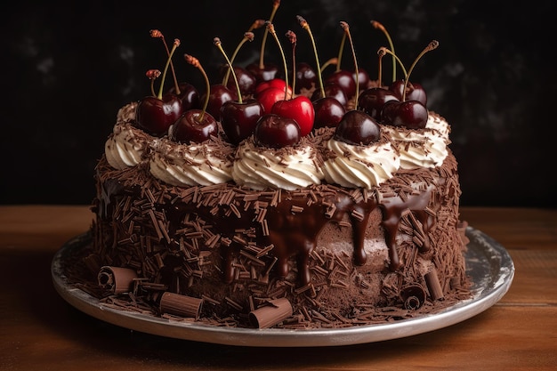 Un pastel de chocolate con cerezas encima