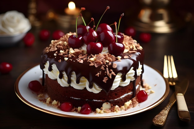 un pastel de chocolate con cerezas encima