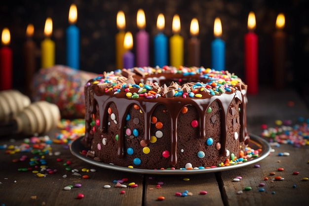 Un pastel de chocolate con chispitas de colores se sienta en una mesa junto a unas velas encendidas.