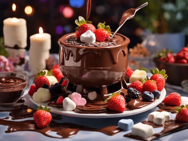 pastel de chocolate con chocolate y bayas en un plato con una vela en el fondo.