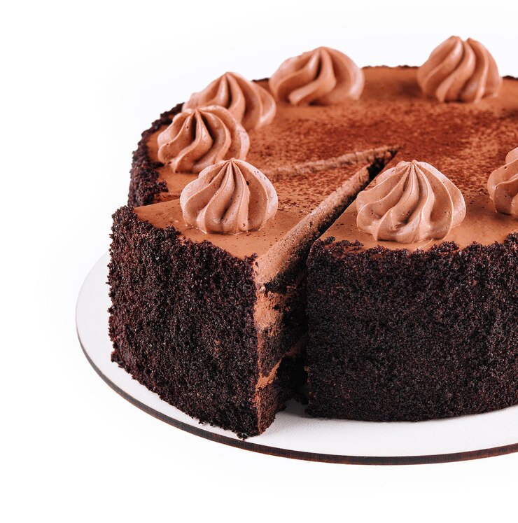 Pastel de chocolate con chocolate fudge rociado con glaseado y rizos de chocolate aislados