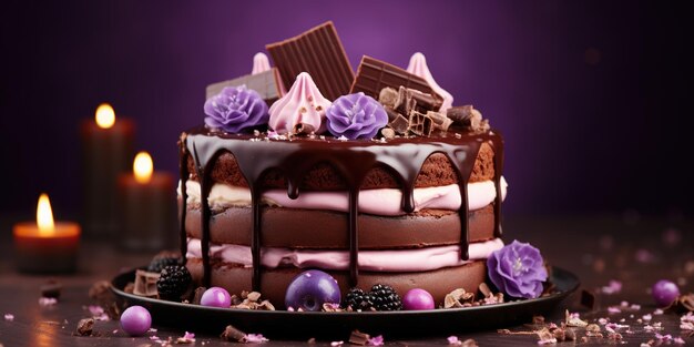 Pastel de chocolate de colores decorado con dulces vertidos con chocolate sobre un fondo púrpura Lugar para el texto