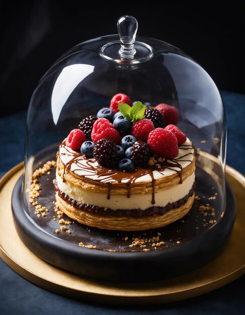 Pastel de chocolate con crema batida y frutas frescas sobre un fondo oscuro