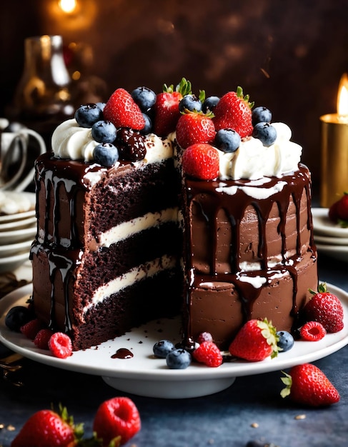 Pastel de chocolate con crema batida y frutas frescas sobre un fondo oscuro