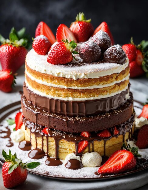 Pastel de chocolate con crema batida y frutas frescas sobre un fondo oscuro