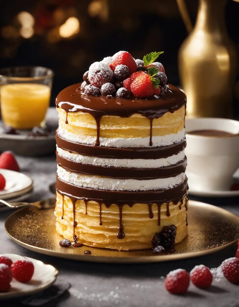 Foto pastel de chocolate con crema batida y frutas frescas sobre un fondo oscuro