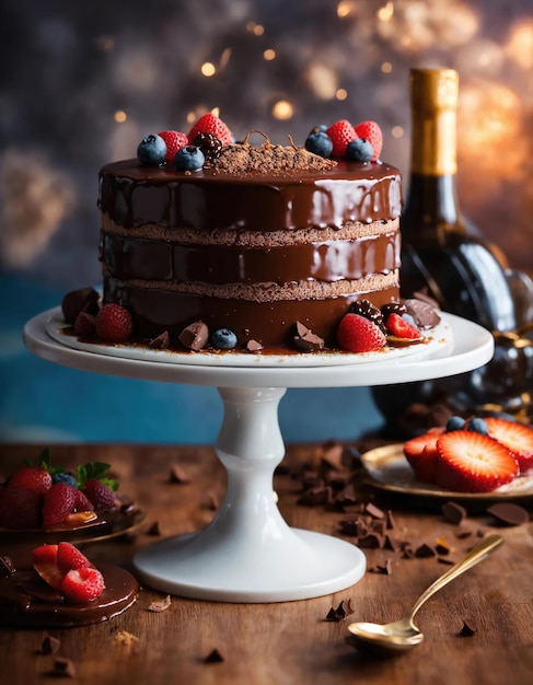 Foto pastel de chocolate con crema batida y frutas frescas sobre un fondo oscuro