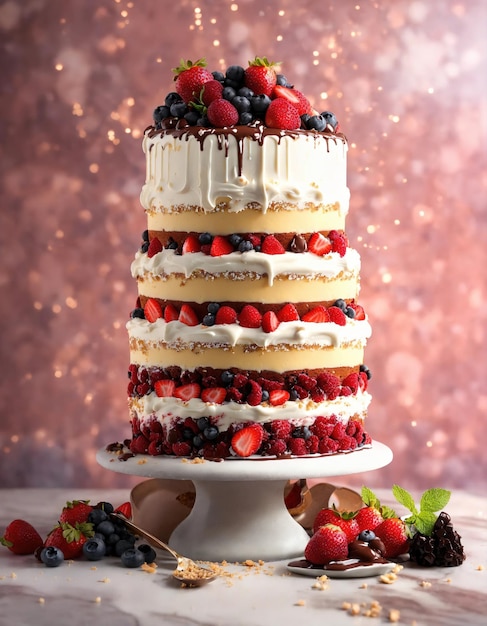 Pastel de chocolate con crema batida y frutas frescas sobre un fondo oscuro