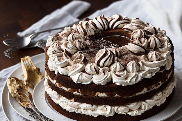 Un pastel con chocolate y crema está en un plato.