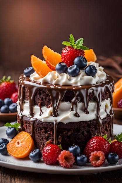 pastel de chocolate con crema y fruta