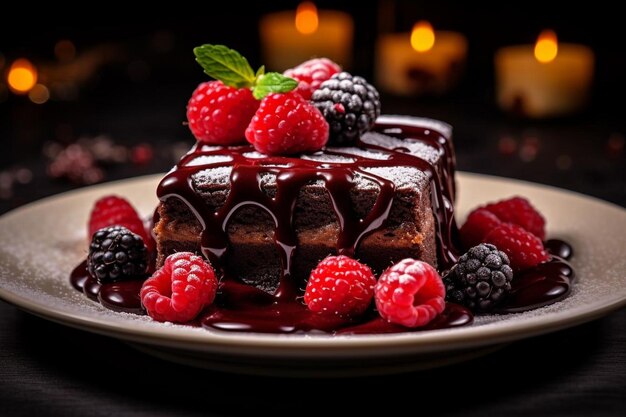 Pastel de chocolate con crema de queso blanco decorado con ganache y frambuesas en un soporte de pastel blanco